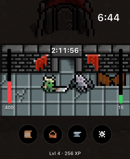 An animated pixel-art Barbarian orc battling a creature in a flag-lined dungeon room in Inner Orc.