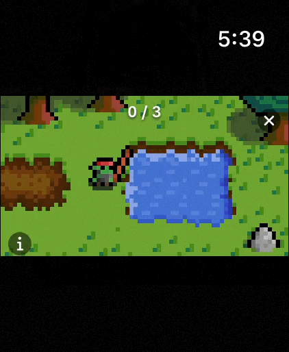 An animated pixel-art orc holding a fishing rod at a pond in Inner Orc's Fishing minigame.