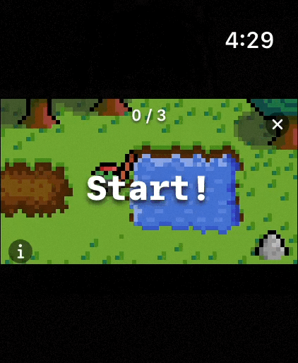 An animated pixel-art orc about to start the Fishing minigame at a pond, with a Start banner over the water.