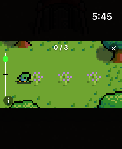 A pixel-art orc crouched beside a flower in Inner Orc's Harvesting minigame, with a position gauge on the left edge of the screen.