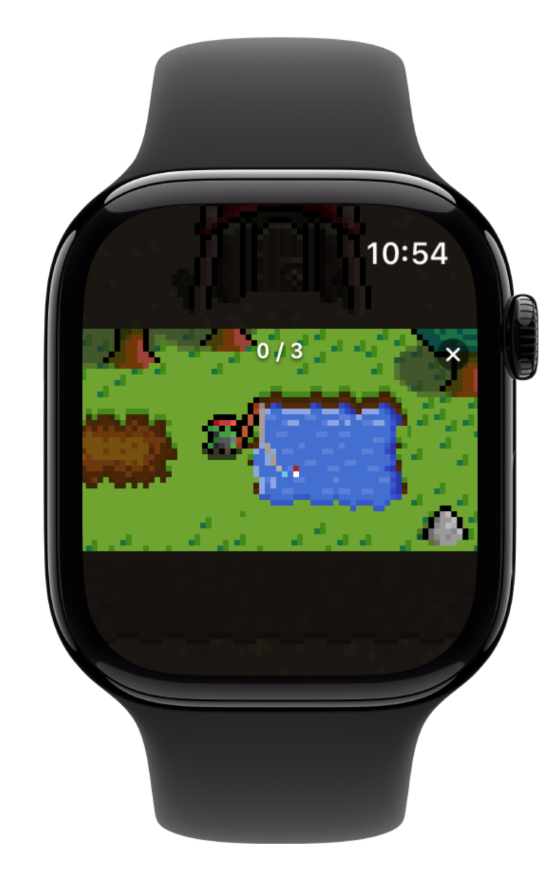 A top-down overworld with grass, trees, and a pond shown on Apple Watch.