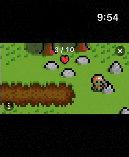 An animated pixel-art orc digging beside rocks and tree stumps in Inner Orc's gathering minigame, three of ten reps complete.